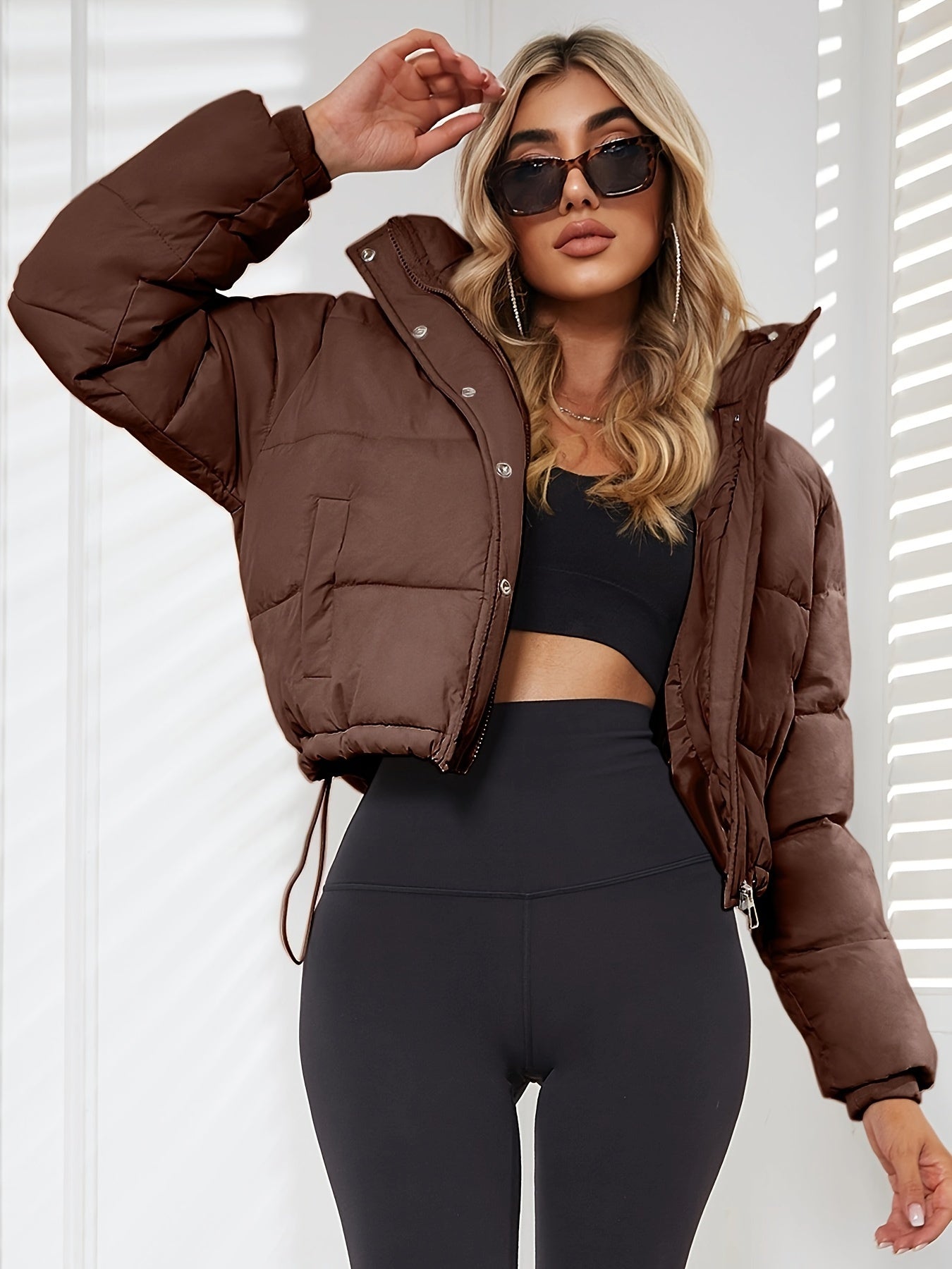 Women's Stylish Black Hooded Puffer Jacket - Casual Short Warm Outerwear with Drawstring Design, Long Sleeves, and Button-Up Front for Winter Comfort, Winter Jacket -
