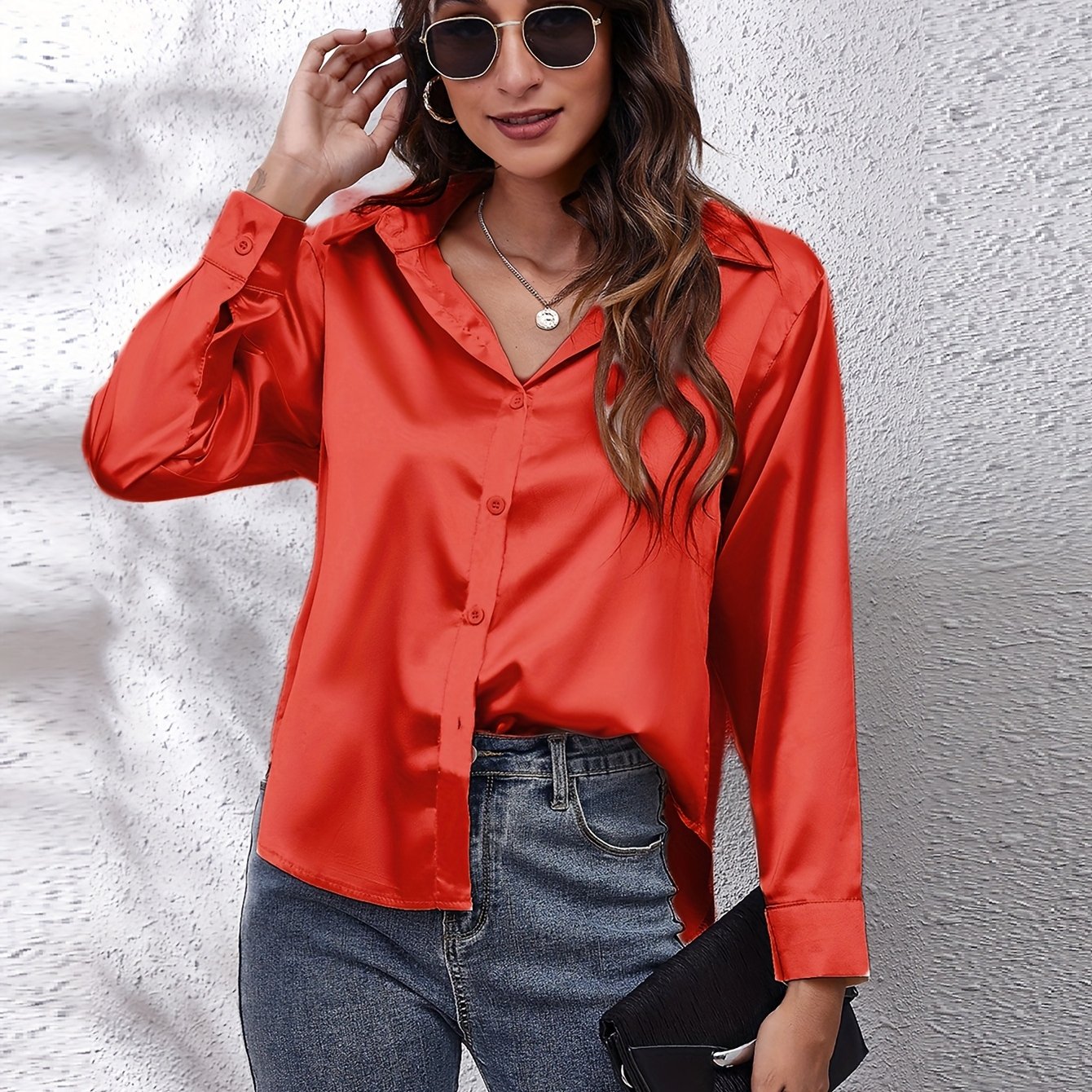 Elegant Satin-Finish Long Sleeve Blouse for Women - Chic Solid Color, Non-Stretch Fabric, Perfect for Spring/Fall, Ideal for Formal Occasions, Ladies Blouses -