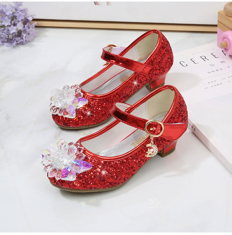 Girls' Elsa Princess High Heel Pumps - Sparkling Glitter Block Heel Shoes with Floral Embellishments, Lightweight Faux Cover for Spring & Fall, Weddings, Parties, Casual Wear, Shoes for Girls, Wedding Guest Shoes, Elegant Sho -