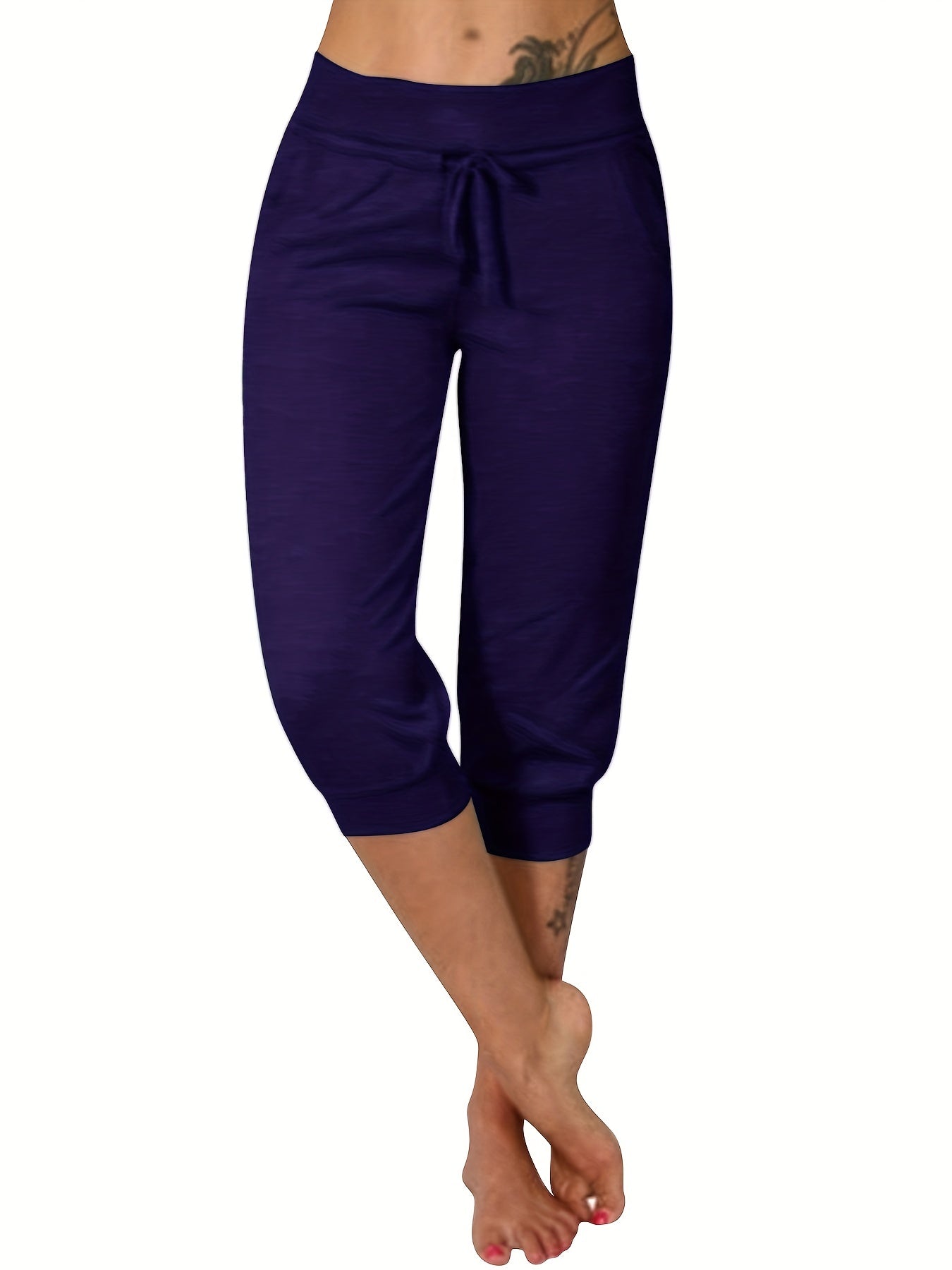 Women'S High-Waist Drawstring Side Pants - Stretchy Polyester Blend, Solid Color Black, Comfortable Casual Style for All Seasons, Everyday Comfort Wear | Highwaist Trousers | Tailored Fit -