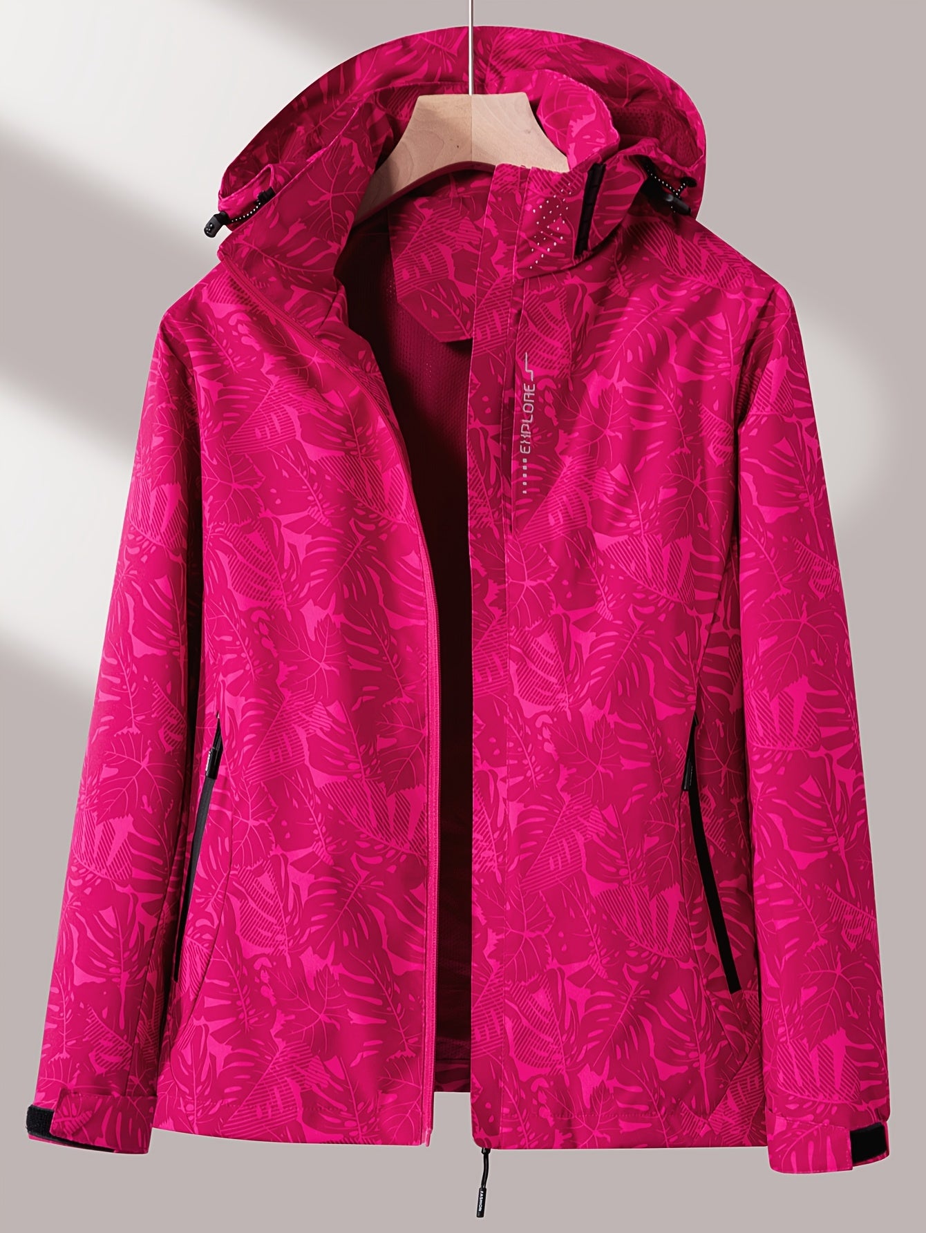 Women'S Windproof Jacket with Full-Zip Front - Lightweight Outdoor Coat, Stand Collar, Non-Stretch Fabric for Hiking, Camping, Travel - Bright Pink Windproof Shell (Spring/Fall/Summer) - Easy-Care Design, Hiking Gear, Camping -