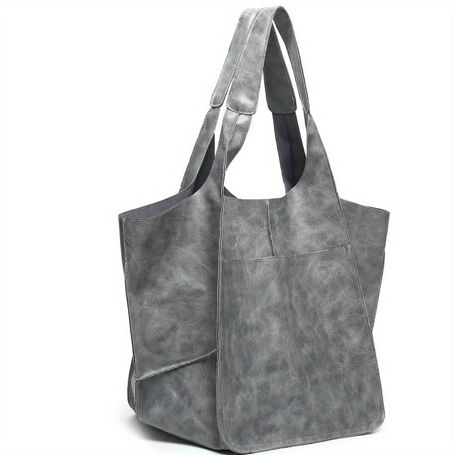 Large Capacity Retro PU Tote Bag For Women - Spacious & Stylish Handbag With Handy Front Pocket For Work, Travel & Everyday Chic -