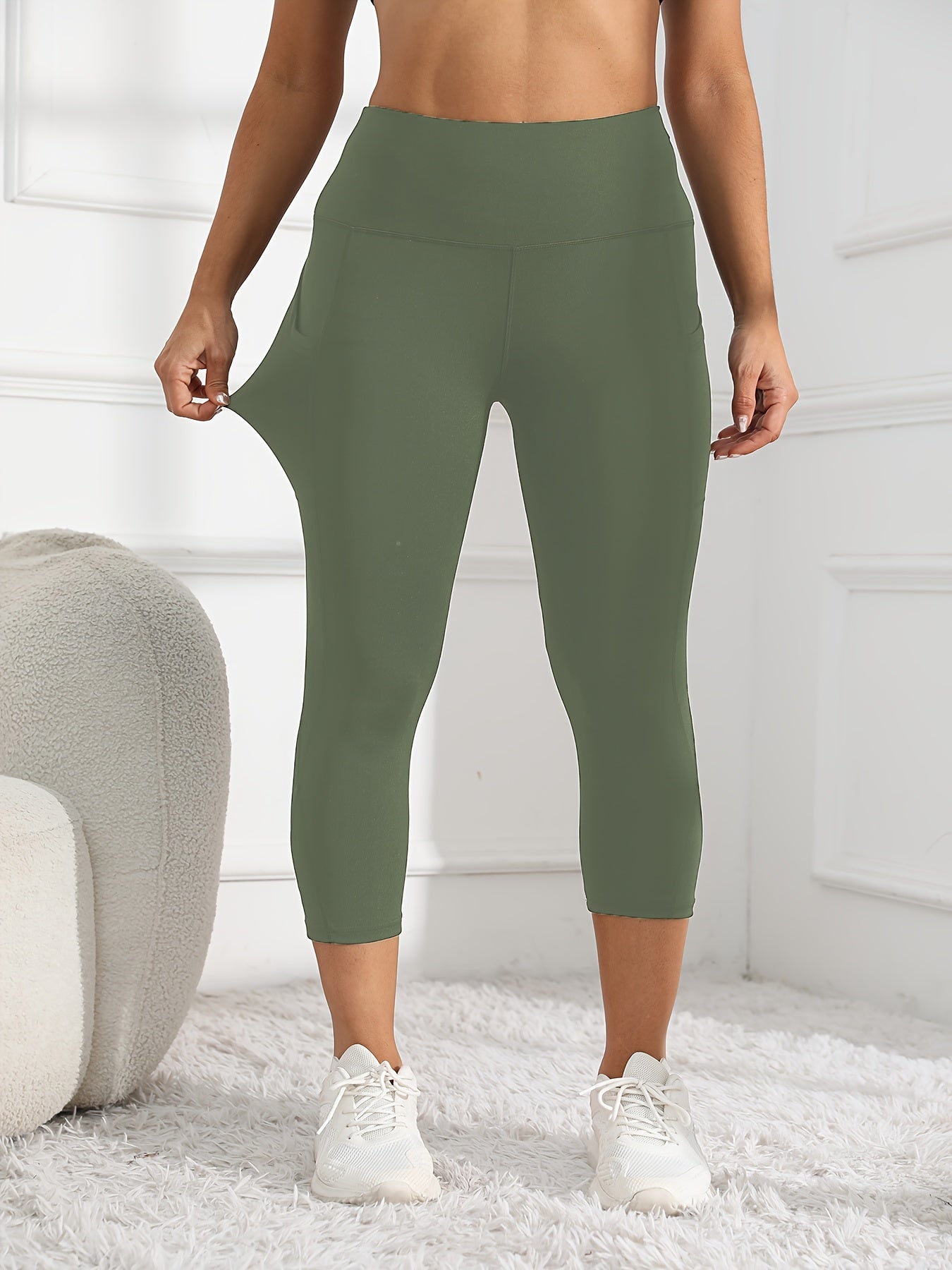 Women's High-Waisted 7/8 Length Leg Workout Leggings - Full-Length Leg Muscle-Building Gym Pants with Pockets, Solid Green Yoga Pants for Cycling, Pilates, Training | All-Season Fitness Pants with 7/8th Leg Coverage, Smooth T -