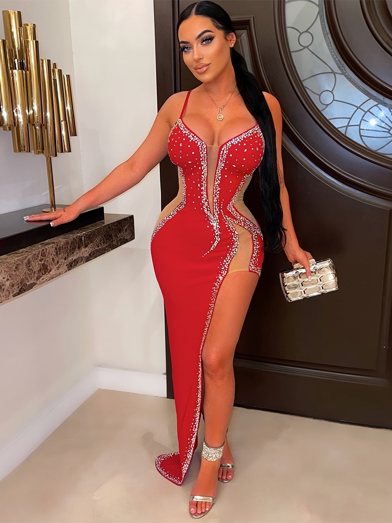 Women'S Sexy Rhinestone Long Dress, Asymmetrical Hem, Slingback, Sleeveless, Strapless Collar, Bodycon Knit Fabric, Polyester 95% Spandex 5% - All-Season Party Wear -