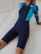 Colorblock Long Sleeves One-Piece Swimsuit Women, Zip Front Rash Guard Round Neck Tummy Control Bathing Suit, Women's Swimwear & Clothing -