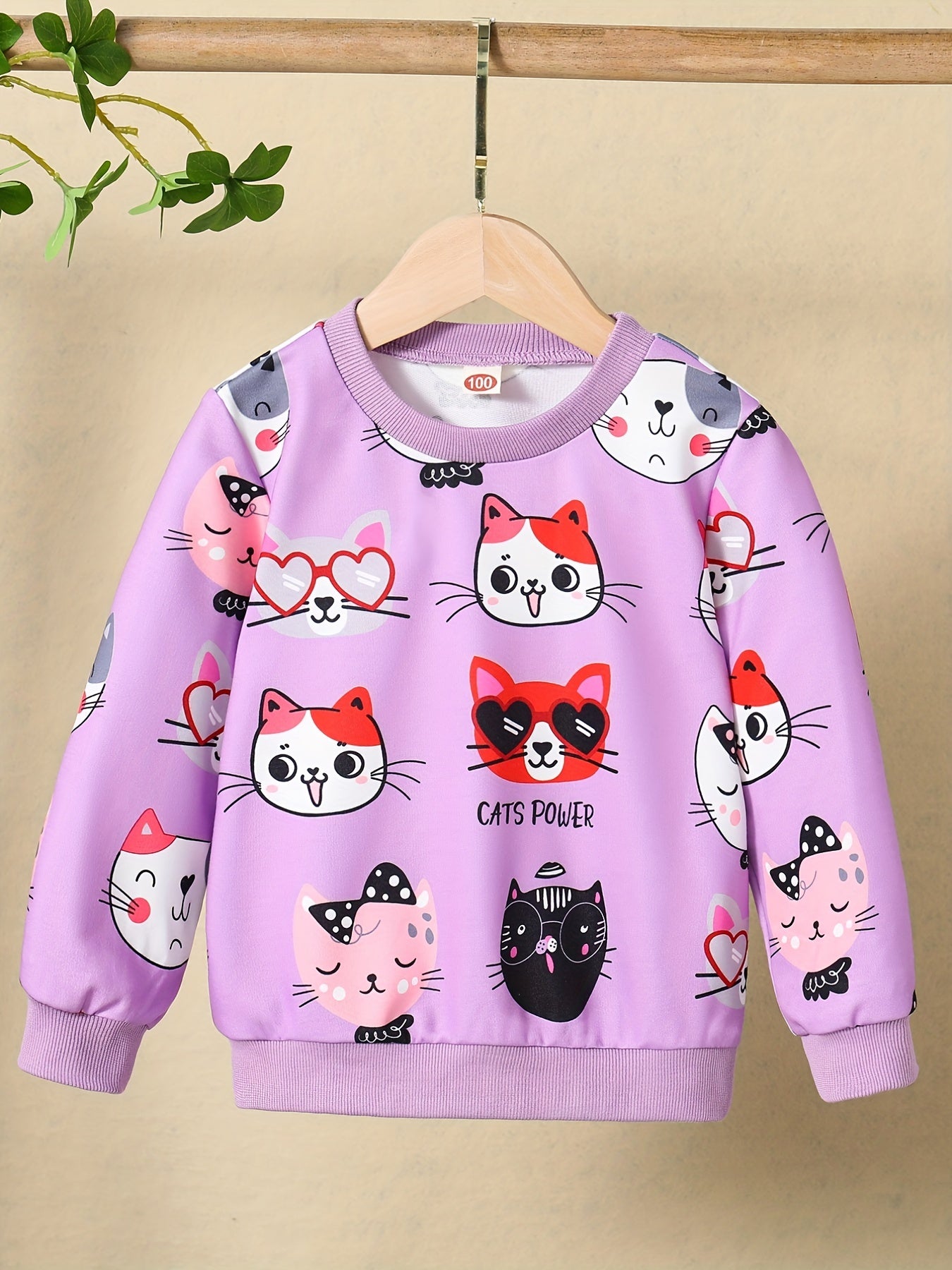 HWMFSNHFZ Girls' Lightweight Long Sleeve Cartoon Cat Print Sweatshirt - Soft Pink Crew Neck Casual Pullover for Spring & Fall, All-Season Comfort, Cute Sweaters -