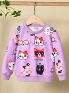 HWMFSNHFZ Girls' Lightweight Long Sleeve Cartoon Cat Print Sweatshirt - Soft Pink Crew Neck Casual Pullover for Spring & Fall, All-Season Comfort, Cute Sweaters -