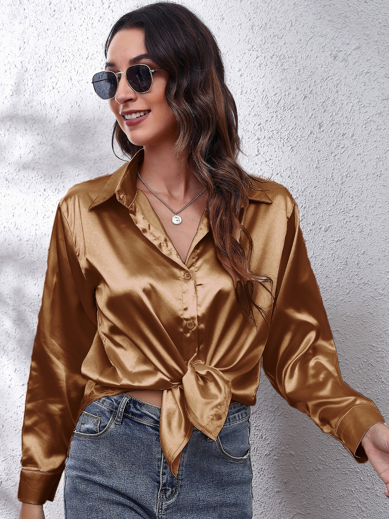 Elegant Satin-Finish Long Sleeve Blouse for Women - Chic Solid Color, Non-Stretch Fabric, Perfect for Spring/Fall, Ideal for Formal Occasions, Ladies Blouses -