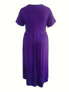 Plus Size Solid Short Sleeve Maxi Dress, Women's Plus Medium Stretch Elegant Long Dress -