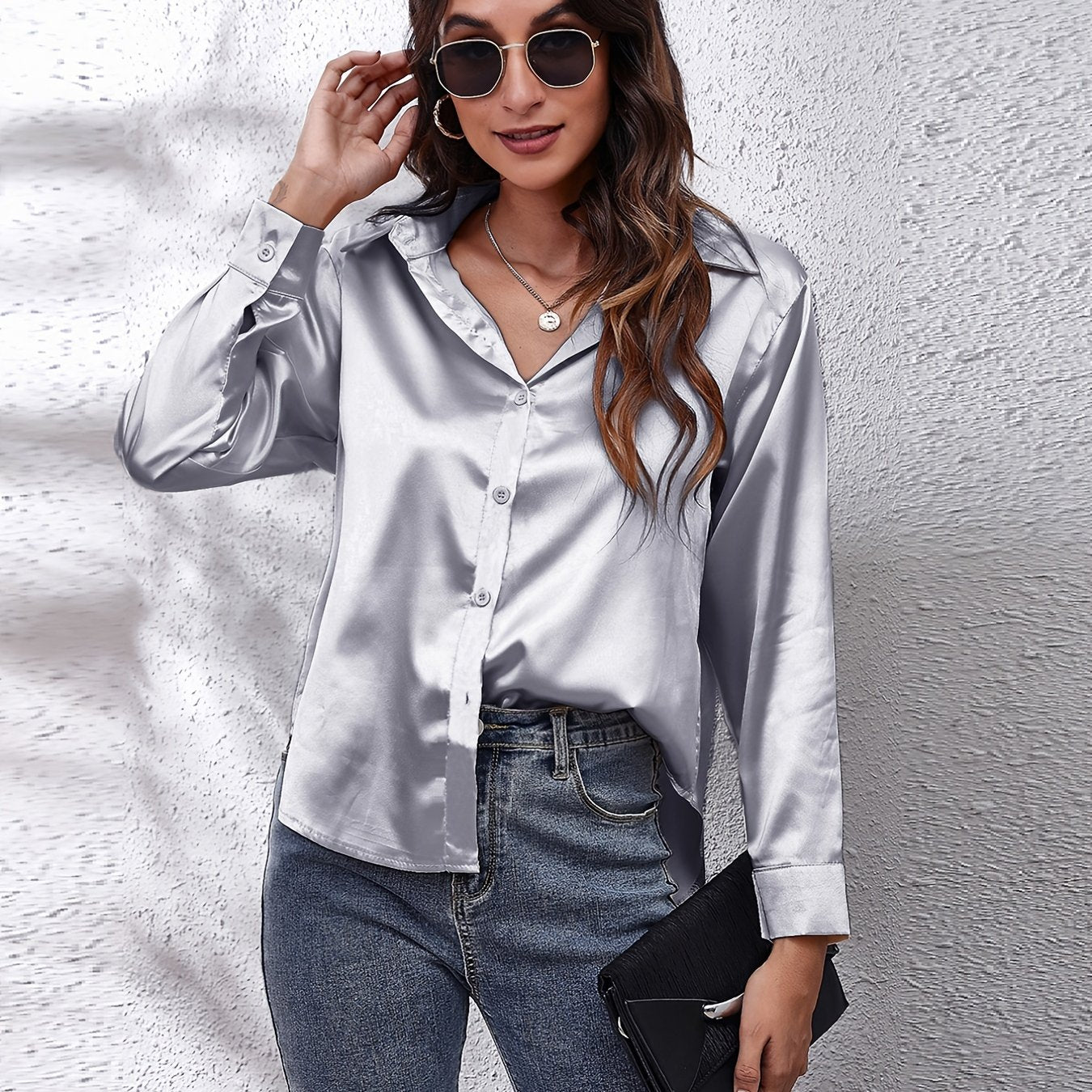 Elegant Satin-Finish Long Sleeve Blouse for Women - Chic Solid Color, Non-Stretch Fabric, Perfect for Spring/Fall, Ideal for Formal Occasions, Ladies Blouses -