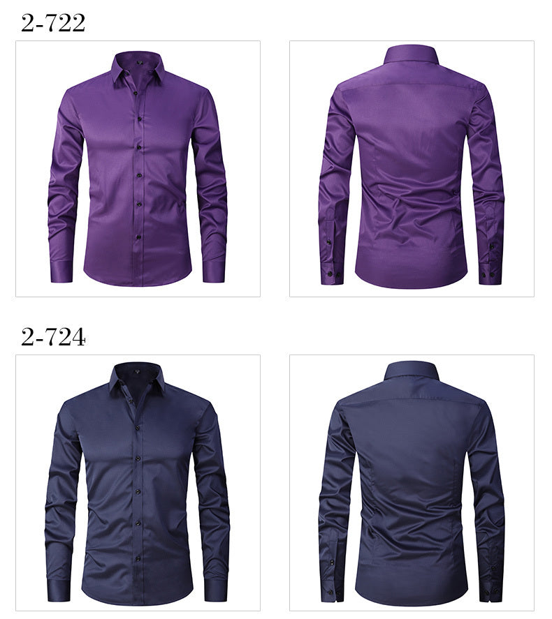 Men'S Slim-Fit Stretch Formal Shirt, Light Business Lapel Long Sleeve Shirt, Men'S Business Shirt Wrinkle-Resistant and Durable Solid Color Formal Long Sleeve Shirt with Buttons and Pockets Suitable for Work, Commuting, Datin -