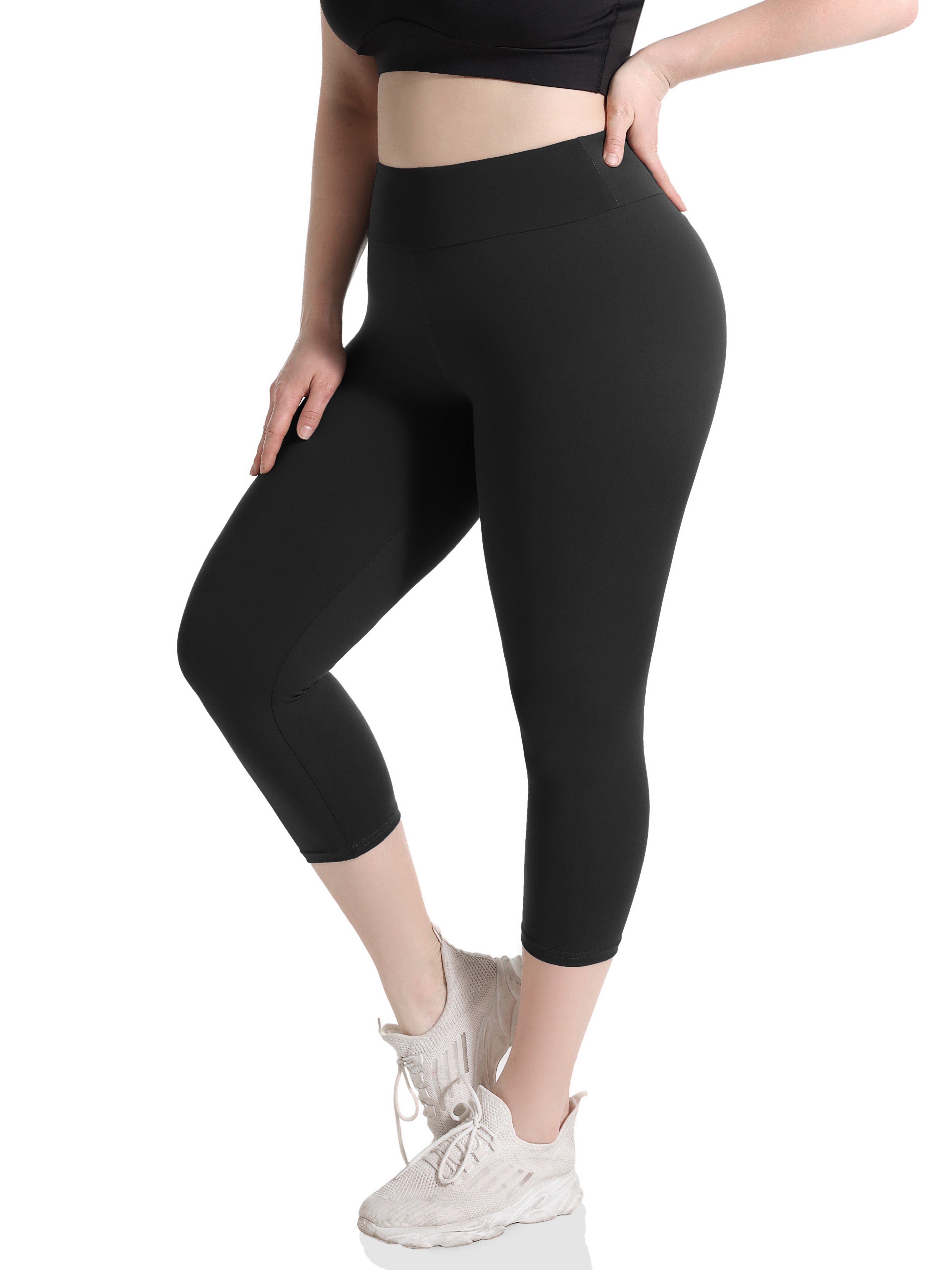 Women'S Plus Size Capri Leggings, High Waist Tummy Control, 4X Stretch, Pocket Detail, Solid Black, Knit Fabric, Polyester 92%, Spandex 8%, 210g/m², All Season Skinny Yoga Pants -