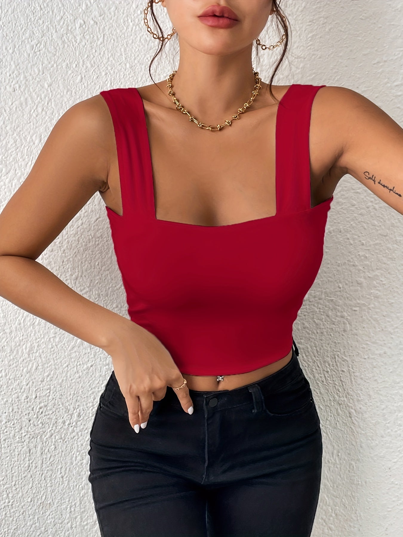 Stretchy Women's Crop Tank Top - Casual Everyday Essential - Soft, Breathable, Sleeveless, Solid Color, Comfortable, Relaxed Fit, Women's Clothing -