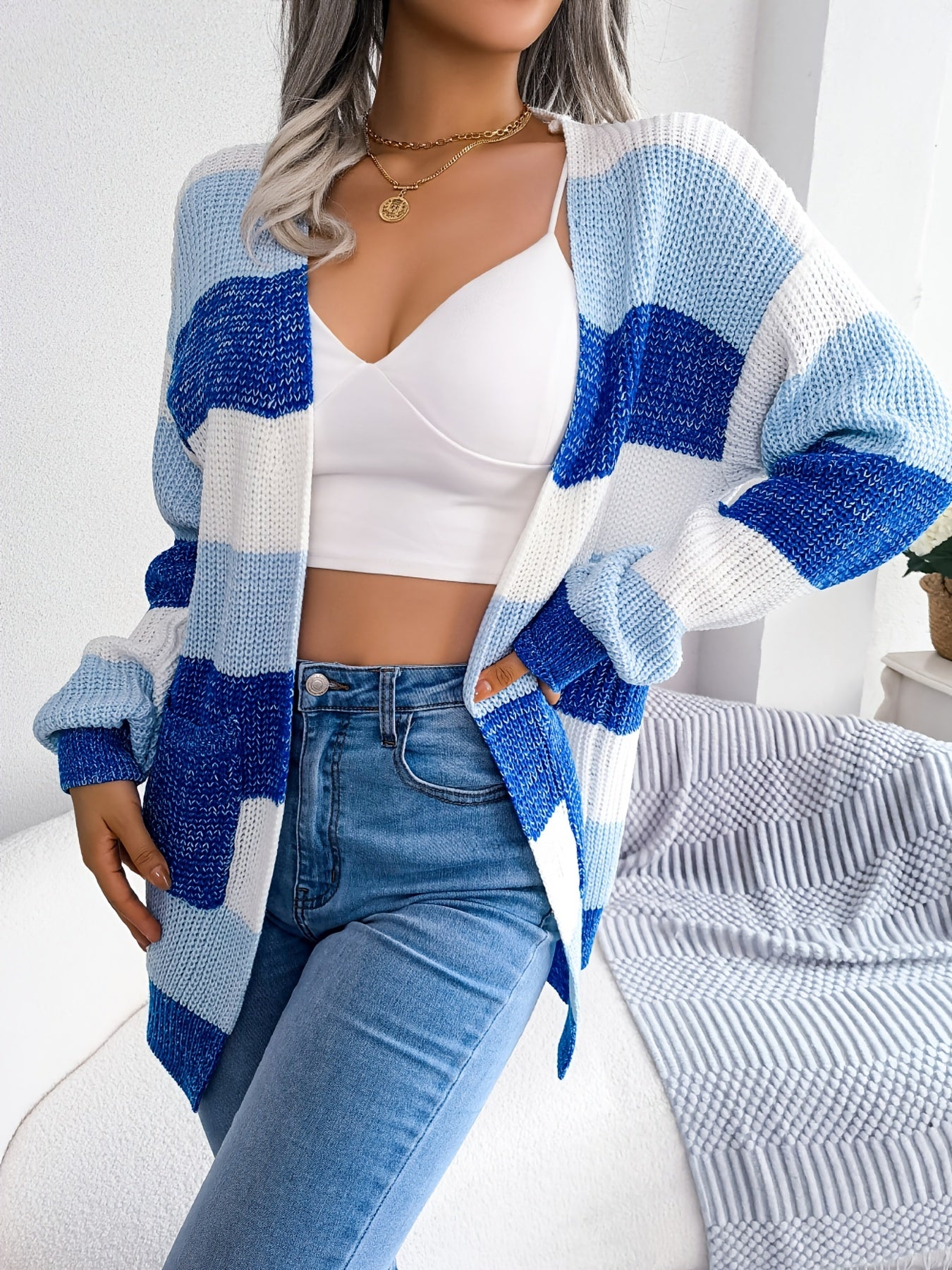 Striped Colorblock V-neck Cardigans, Casual Loose Drop Shoulder Long Sleeve Fall Winter Knit Cardigan, Women's Clothing -