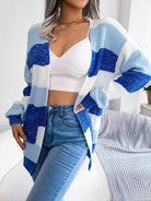 Striped Colorblock V-neck Cardigans, Casual Loose Drop Shoulder Long Sleeve Fall Winter Knit Cardigan, Women's Clothing -