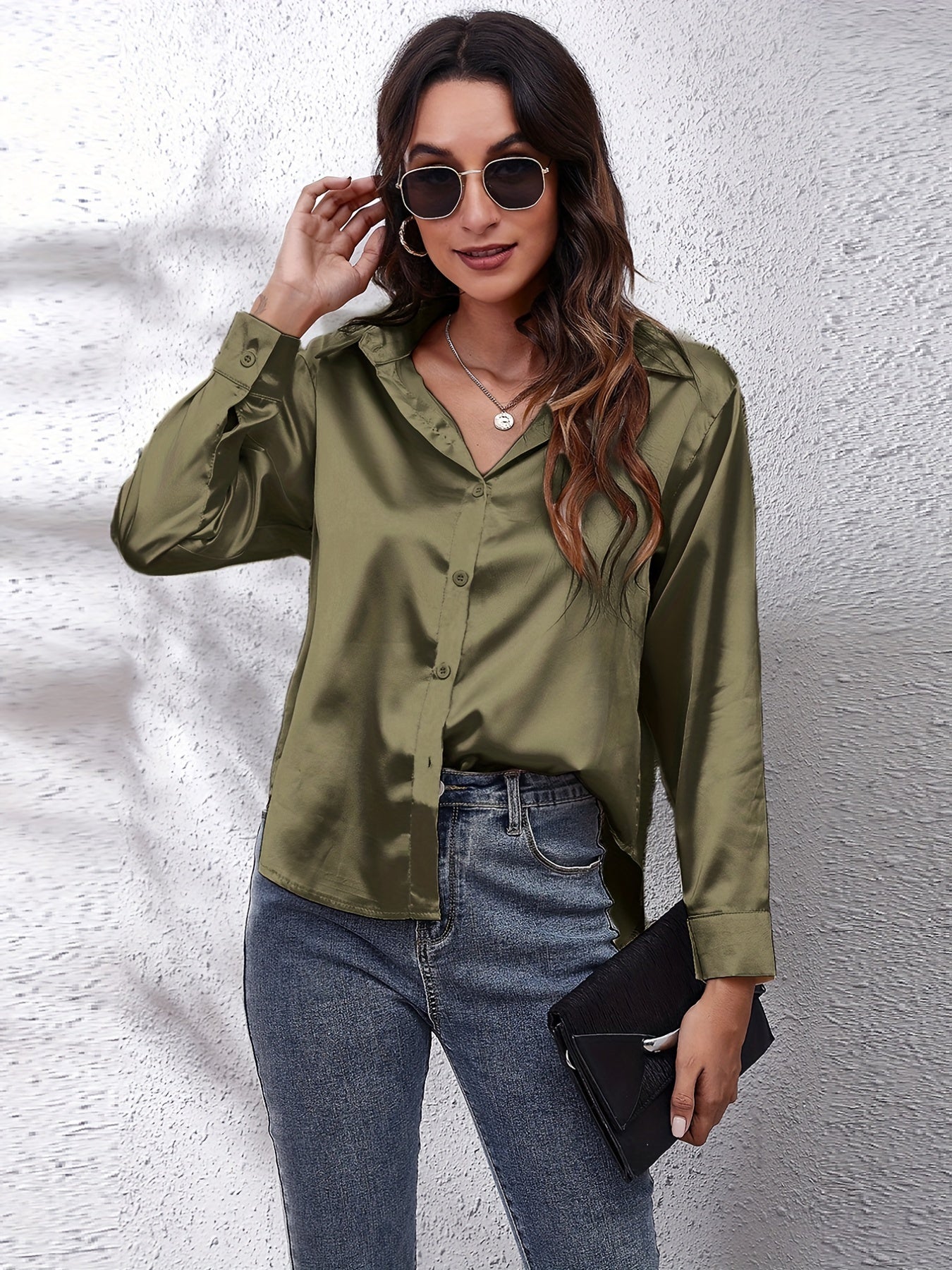 Elegant Satin-Finish Long Sleeve Blouse for Women - Chic Solid Color, Non-Stretch Fabric, Perfect for Spring/Fall, Ideal for Formal Occasions, Ladies Blouses -