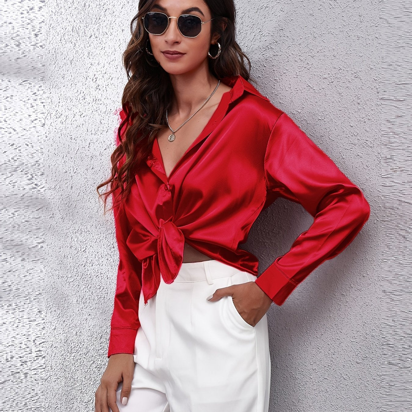 Elegant Satin-Finish Long Sleeve Blouse for Women - Chic Solid Color, Non-Stretch Fabric, Perfect for Spring/Fall, Ideal for Formal Occasions, Ladies Blouses -