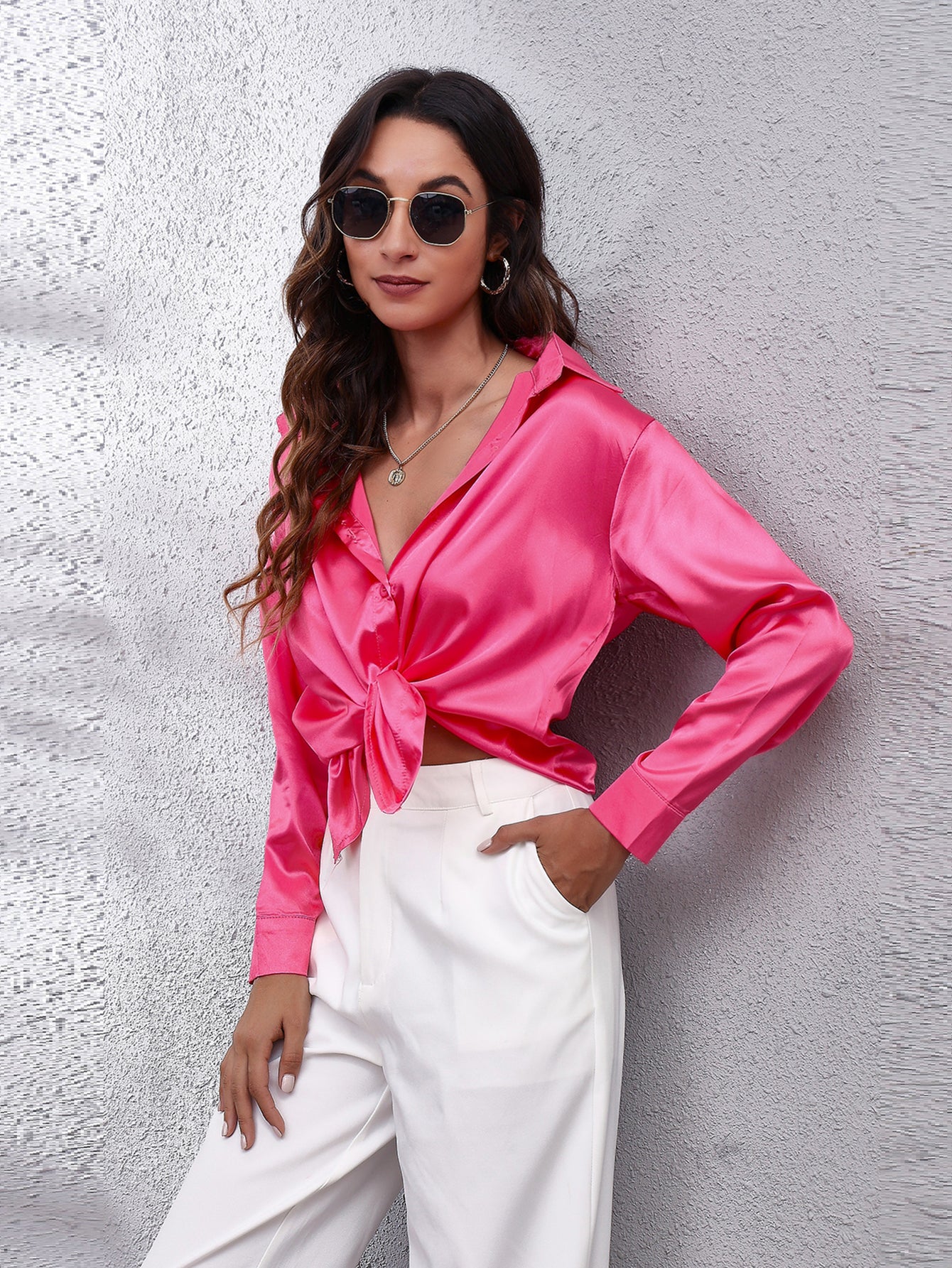 Elegant Satin-Finish Long Sleeve Blouse for Women - Chic Solid Color, Non-Stretch Fabric, Perfect for Spring/Fall, Ideal for Formal Occasions, Ladies Blouses -