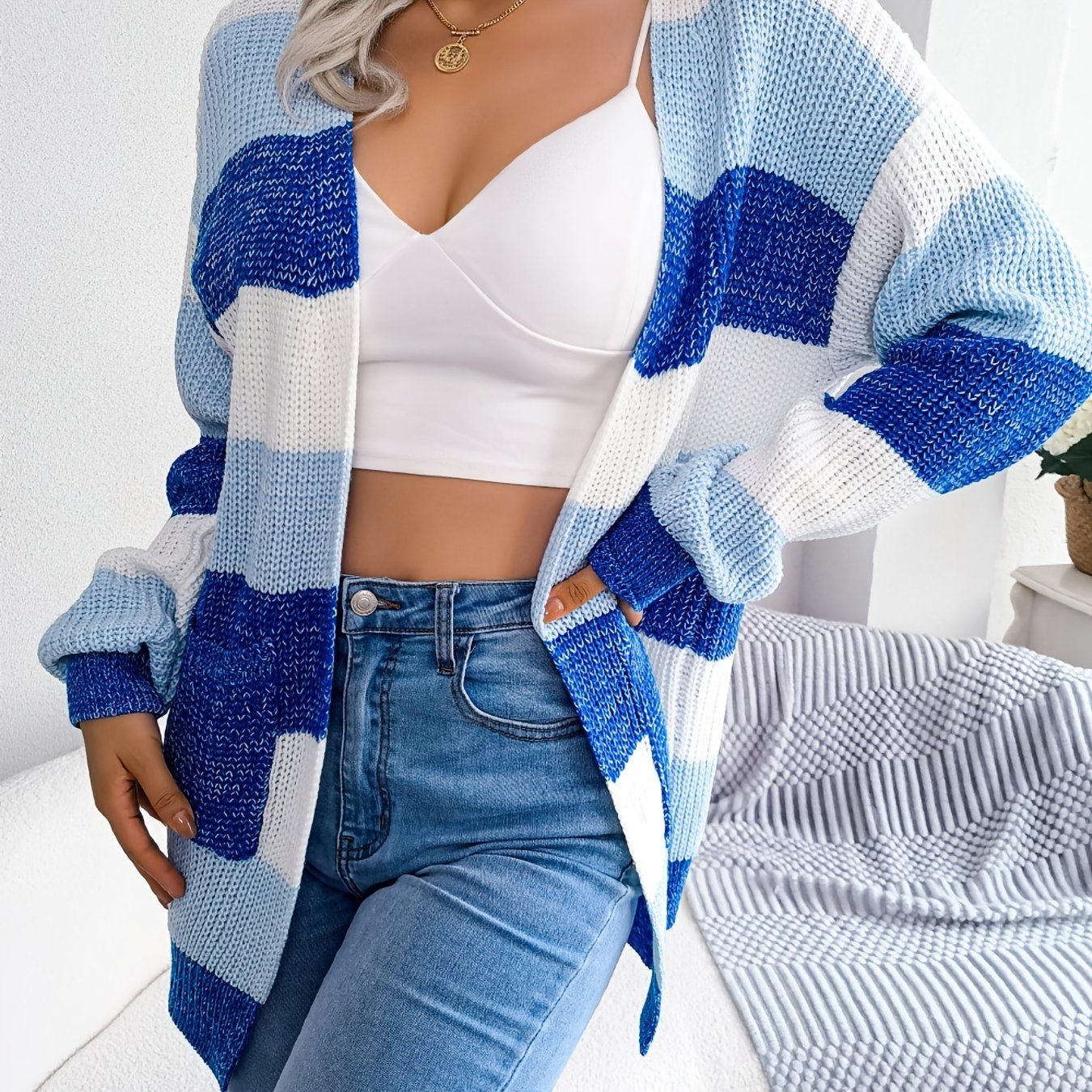 Striped Colorblock V-neck Cardigans, Casual Loose Drop Shoulder Long Sleeve Fall Winter Knit Cardigan, Women's Clothing -