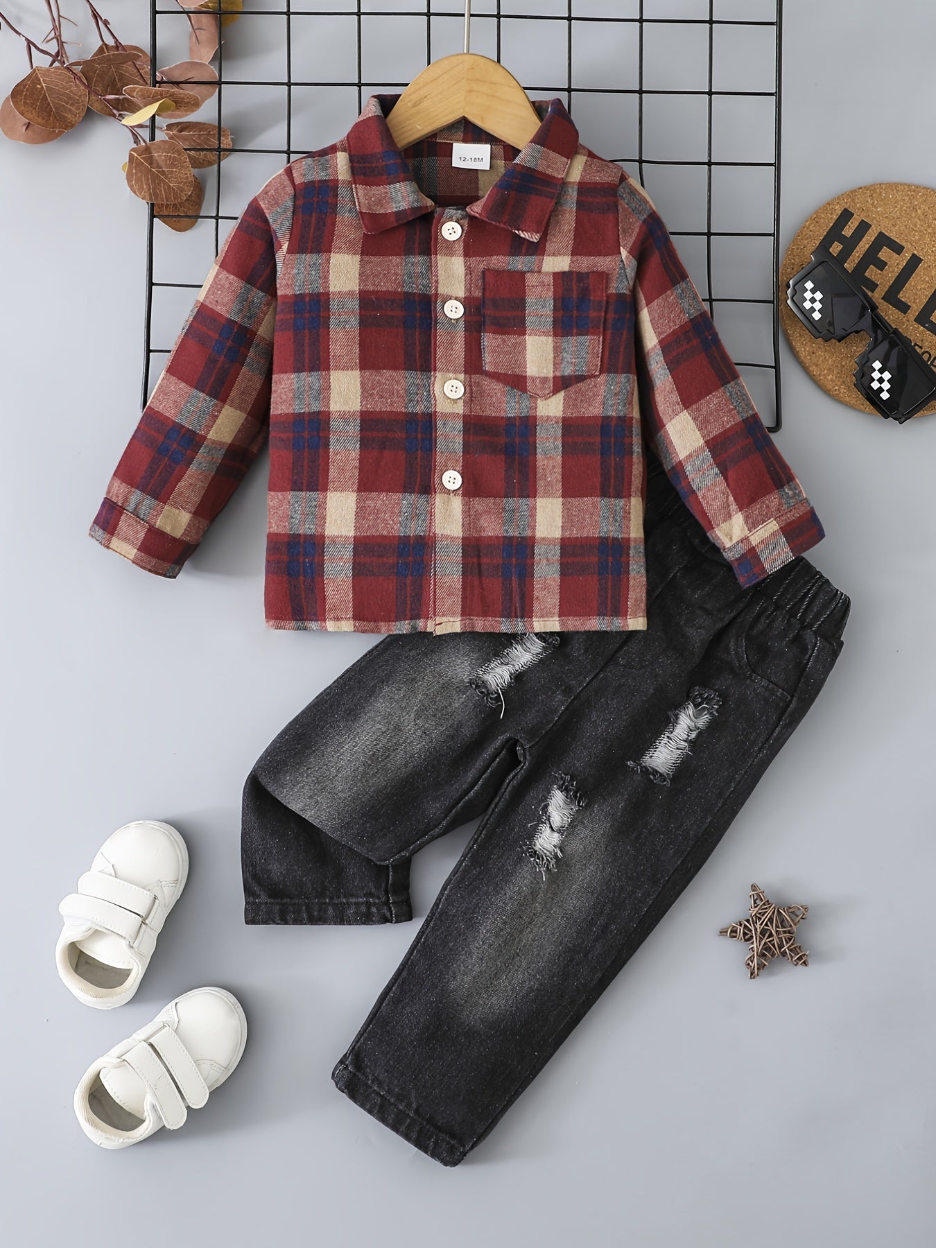 Dress him up in style with this boy's casual plaid button-up shirt and ripped denim pants set—cool and comfy! -