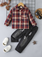 Dress him up in style with this boy's casual plaid button-up shirt and ripped denim pants set—cool and comfy! -