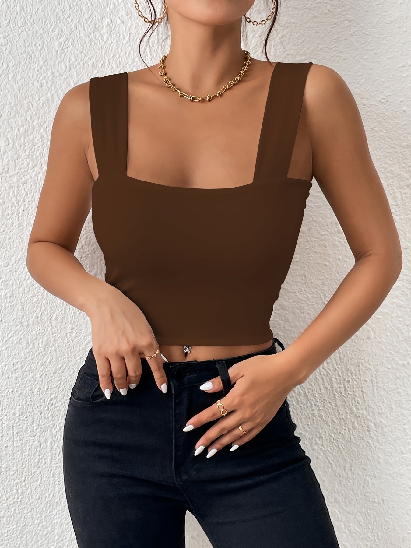 Stretchy Women's Crop Tank Top - Casual Everyday Essential - Soft, Breathable, Sleeveless, Solid Color, Comfortable, Relaxed Fit, Women's Clothing -