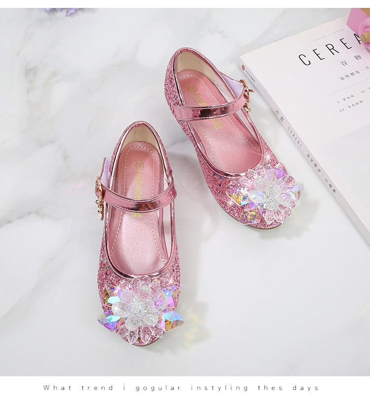 Girls' Elsa Princess High Heel Pumps - Sparkling Glitter Block Heel Shoes with Floral Embellishments, Lightweight Faux Cover for Spring & Fall, Weddings, Parties, Casual Wear, Shoes for Girls, Wedding Guest Shoes, Elegant Sho -