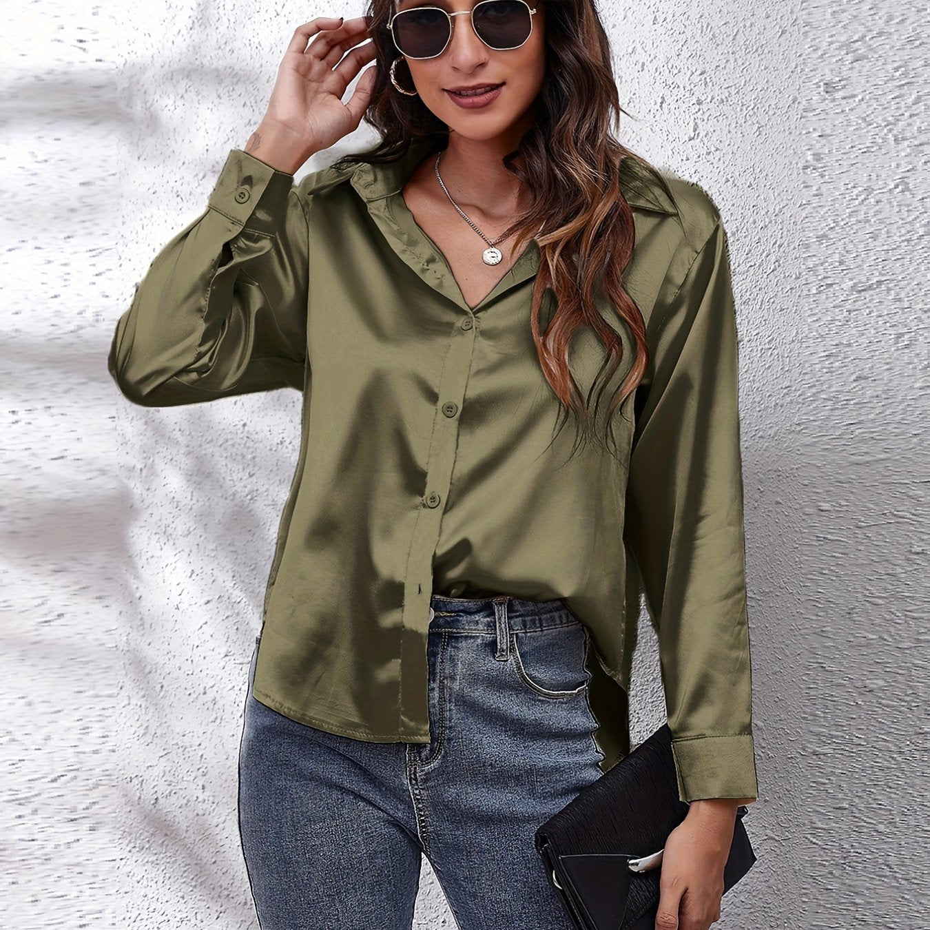 Elegant Satin-Finish Long Sleeve Blouse for Women - Chic Solid Color, Non-Stretch Fabric, Perfect for Spring/Fall, Ideal for Formal Occasions, Ladies Blouses -