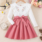 Girls' Floral Print Long Sleeve Dress with Belt - Knee-Length Round Neck Casual Outfit, Pink & White V-Neck Design for Spring & Fall, Dresses for Girls, Seasonal Fashion, Vneck Dress, Nontransparent Fabric -