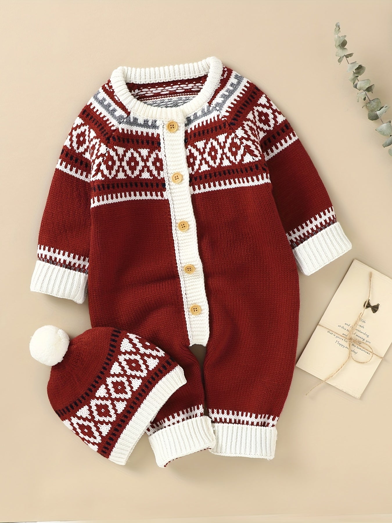 Newborn Infant Geometric Pattern Sweater Romper Long Sleeve Button Jumpsuit & Hat For Toddler Baby Boys And Girls, Suitable For Indoor And Outdoor Wear -