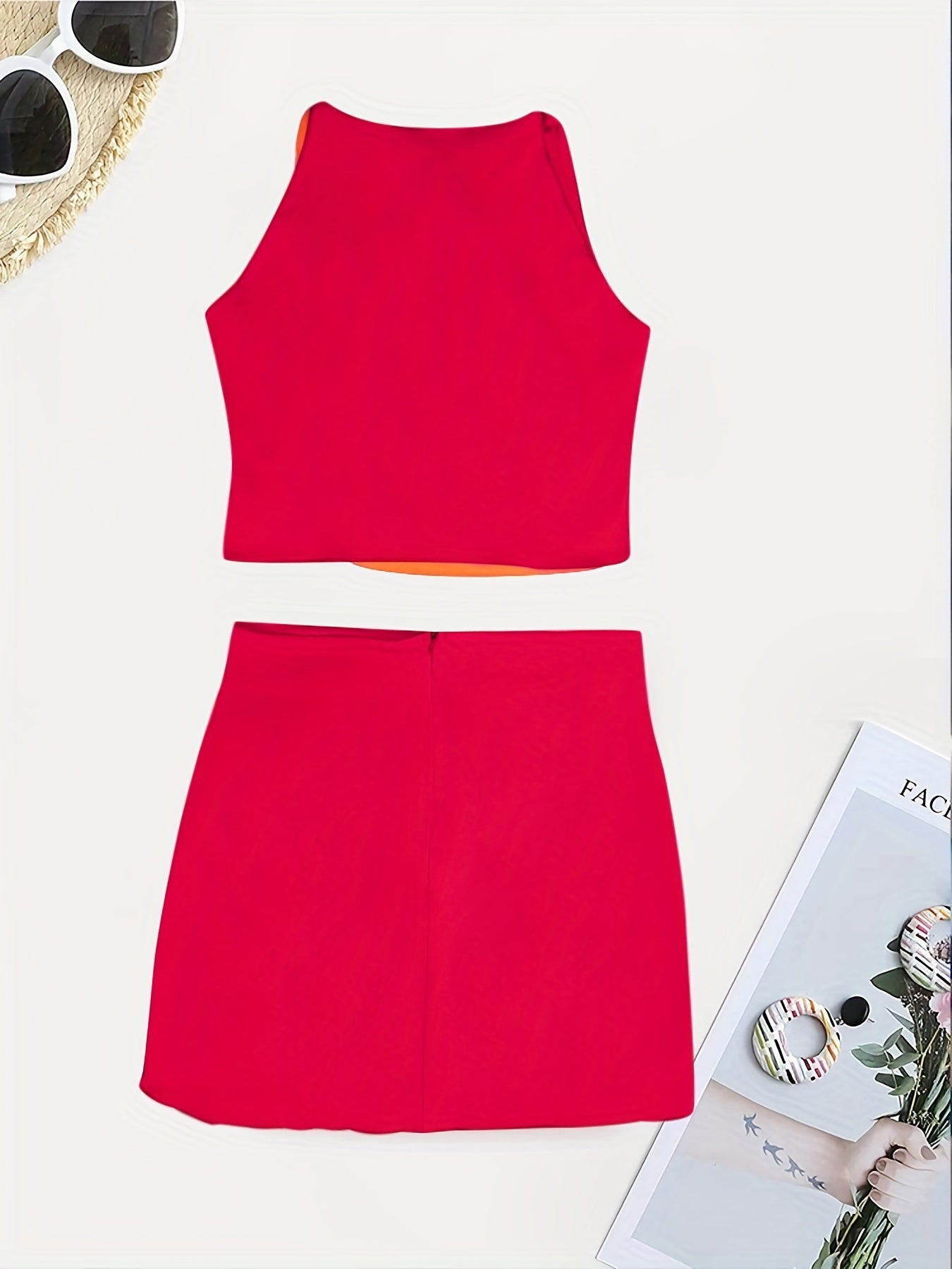 Beaded Color Block 2 Piece Set, Sexy Crop Halter Top & Asymmetrical High Waist Skirt, Women's Clothing -