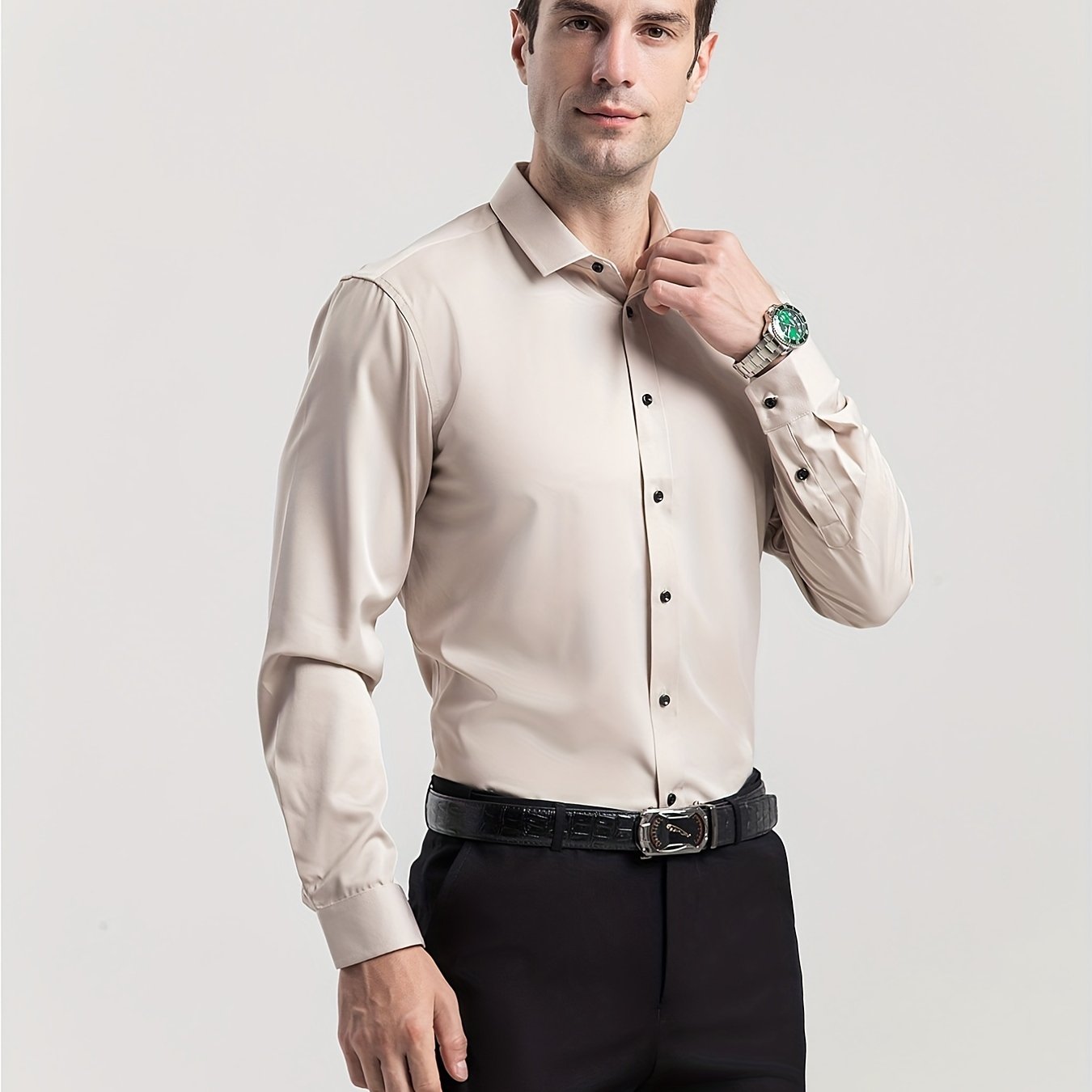 Men'S Slim-Fit Stretch Formal Shirt, Light Business Lapel Long Sleeve Shirt, Men'S Business Shirt Wrinkle-Resistant and Durable Solid Color Formal Long Sleeve Shirt with Buttons and Pockets Suitable for Work, Commuting, Datin -