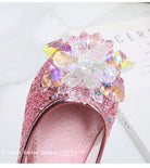 Girls' Elsa Princess High Heel Pumps - Sparkling Glitter Block Heel Shoes with Floral Embellishments, Lightweight Faux Cover for Spring & Fall, Weddings, Parties, Casual Wear, Shoes for Girls, Wedding Guest Shoes, Elegant Sho -