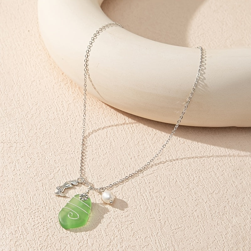 Sea Glass Pendant Necklace Marine Elements Shape Pendant Adjustable Neck Jewelry Summer Beach Style Clothings Accessories -