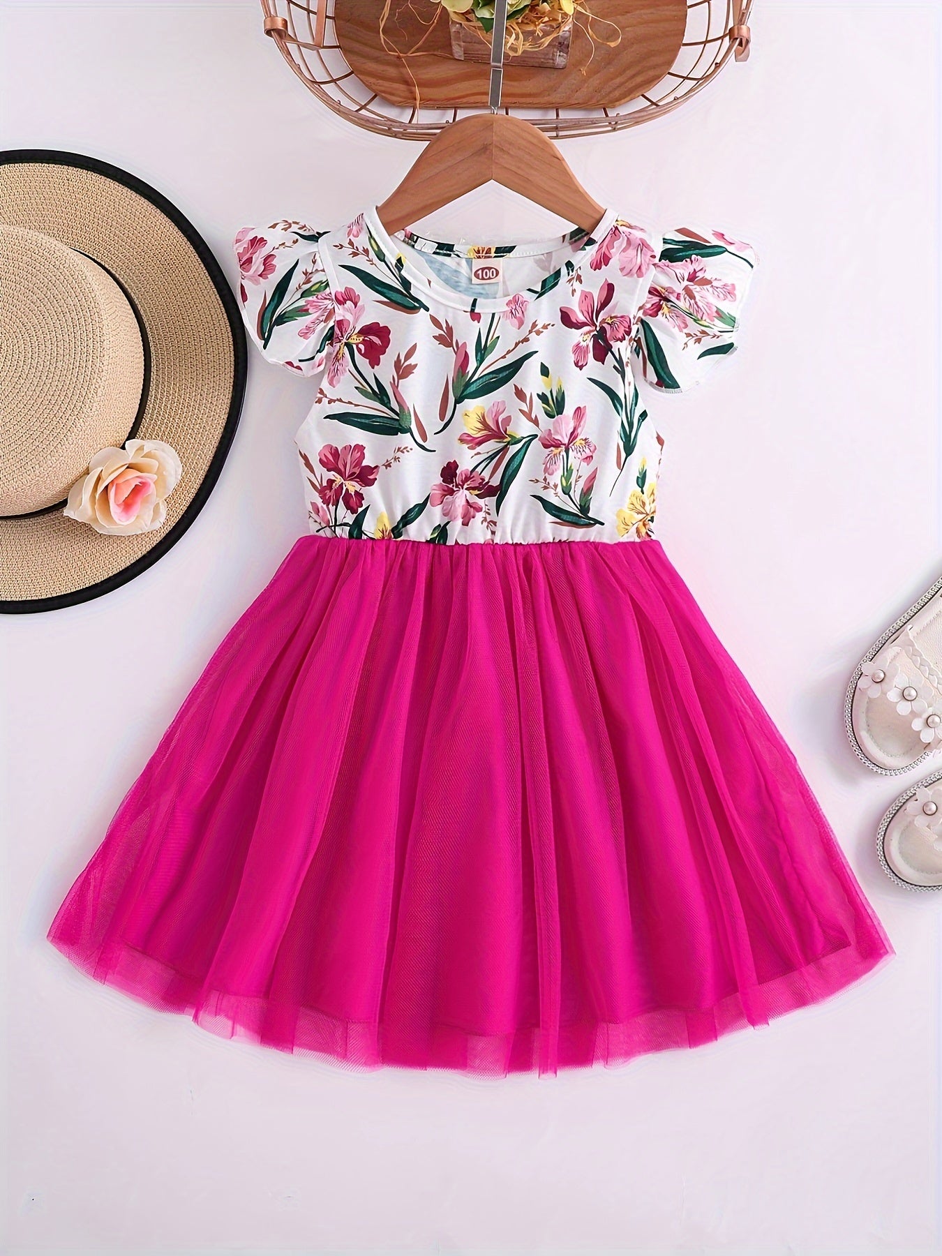Girls' Floral dress - Floral print party & Everyday summer dress, Pastel pink Floral skirts, Machine Washable Girls' Clothing for Birthdays, Garden Parties, Family Outings - HWMFSNHFZ, Round Neckline Top, Nontransparent Fabri -