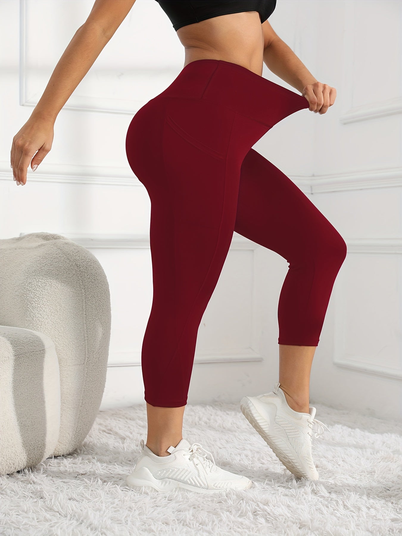 Women's High-Waisted 7/8 Length Leg Workout Leggings - Full-Length Leg Muscle-Building Gym Pants with Pockets, Solid Green Yoga Pants for Cycling, Pilates, Training | All-Season Fitness Pants with 7/8th Leg Coverage, Smooth T -