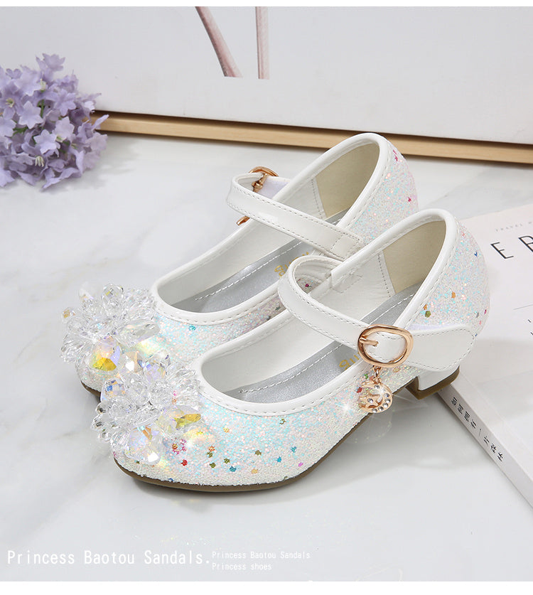 Girls' Elsa Princess High Heel Pumps - Sparkling Glitter Block Heel Shoes with Floral Embellishments, Lightweight Faux Cover for Spring & Fall, Weddings, Parties, Casual Wear, Shoes for Girls, Wedding Guest Shoes, Elegant Sho -