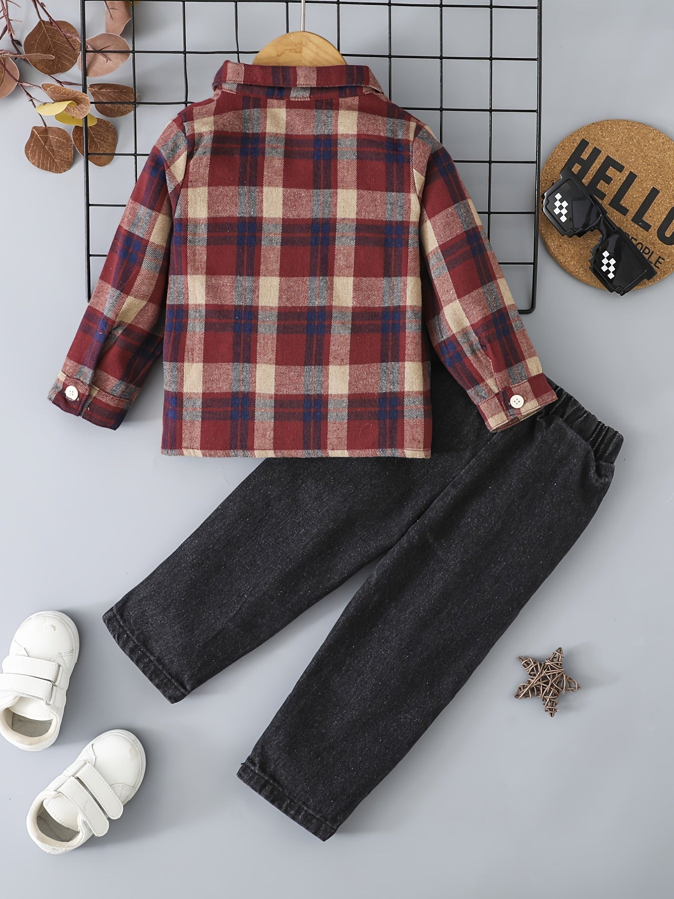 Dress him up in style with this boy's casual plaid button-up shirt and ripped denim pants set—cool and comfy! -