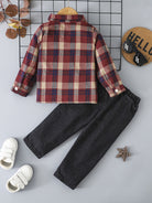 Dress him up in style with this boy's casual plaid button-up shirt and ripped denim pants set—cool and comfy! -