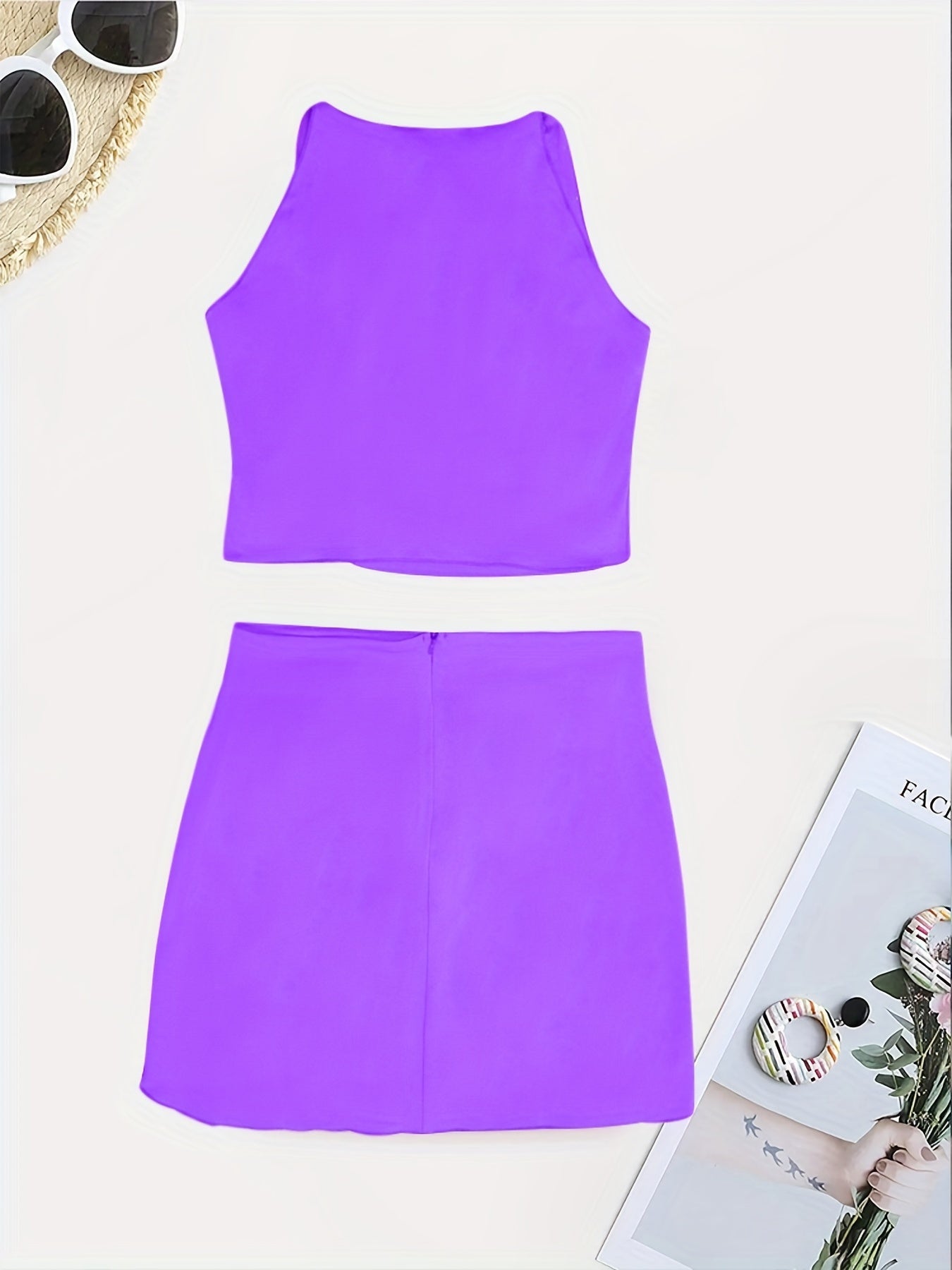 Beaded Color Block 2 Piece Set, Sexy Crop Halter Top & Asymmetrical High Waist Skirt, Women's Clothing -