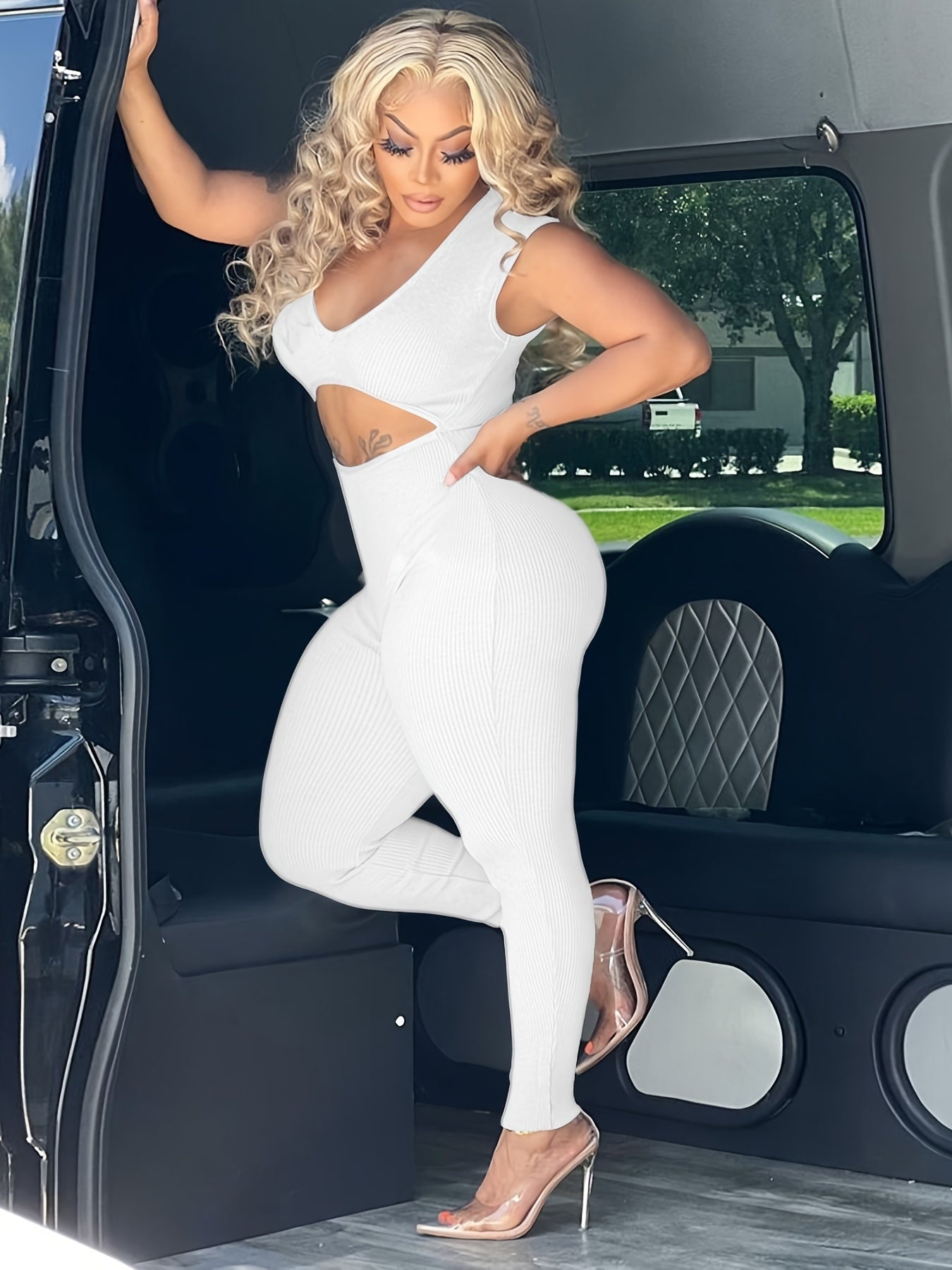 Cut Out Sleeveless Jumpsuit, Sexy Solid Bodycon Jumpsuit, Women's Clothing -