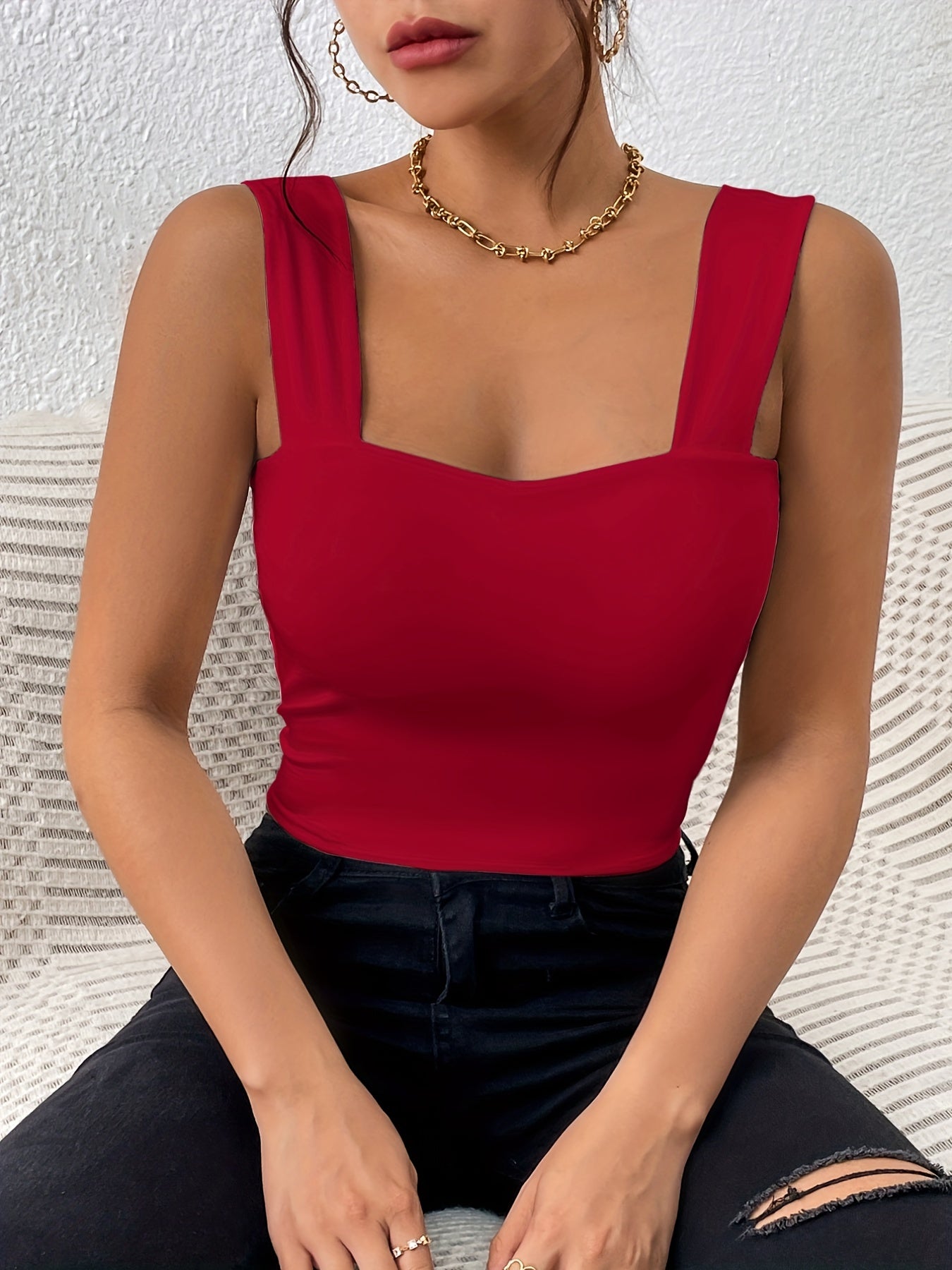 Stretchy Women's Crop Tank Top - Casual Everyday Essential - Soft, Breathable, Sleeveless, Solid Color, Comfortable, Relaxed Fit, Women's Clothing -