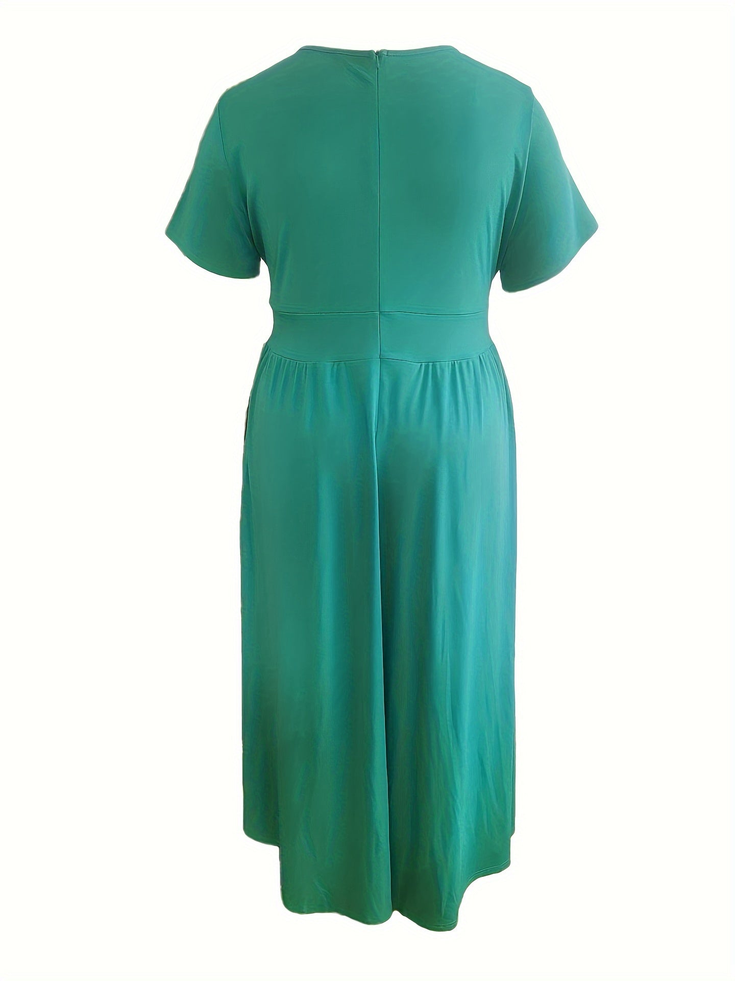 Plus Size Solid Short Sleeve Maxi Dress, Women's Plus Medium Stretch Elegant Long Dress -