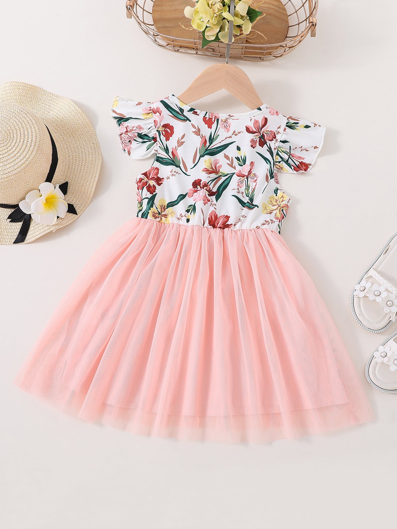 Girls' Floral dress - Floral print party & Everyday summer dress, Pastel pink Floral skirts, Machine Washable Girls' Clothing for Birthdays, Garden Parties, Family Outings - HWMFSNHFZ, Round Neckline Top, Nontransparent Fabri -