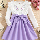 Girls' Floral Print Long Sleeve Dress with Belt - Knee-Length Round Neck Casual Outfit, Pink & White V-Neck Design for Spring & Fall, Dresses for Girls, Seasonal Fashion, Vneck Dress, Nontransparent Fabric -
