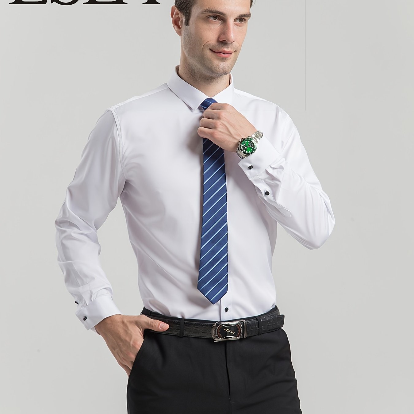 Men'S Slim-Fit Stretch Formal Shirt, Light Business Lapel Long Sleeve Shirt, Men'S Business Shirt Wrinkle-Resistant and Durable Solid Color Formal Long Sleeve Shirt with Buttons and Pockets Suitable for Work, Commuting, Datin -