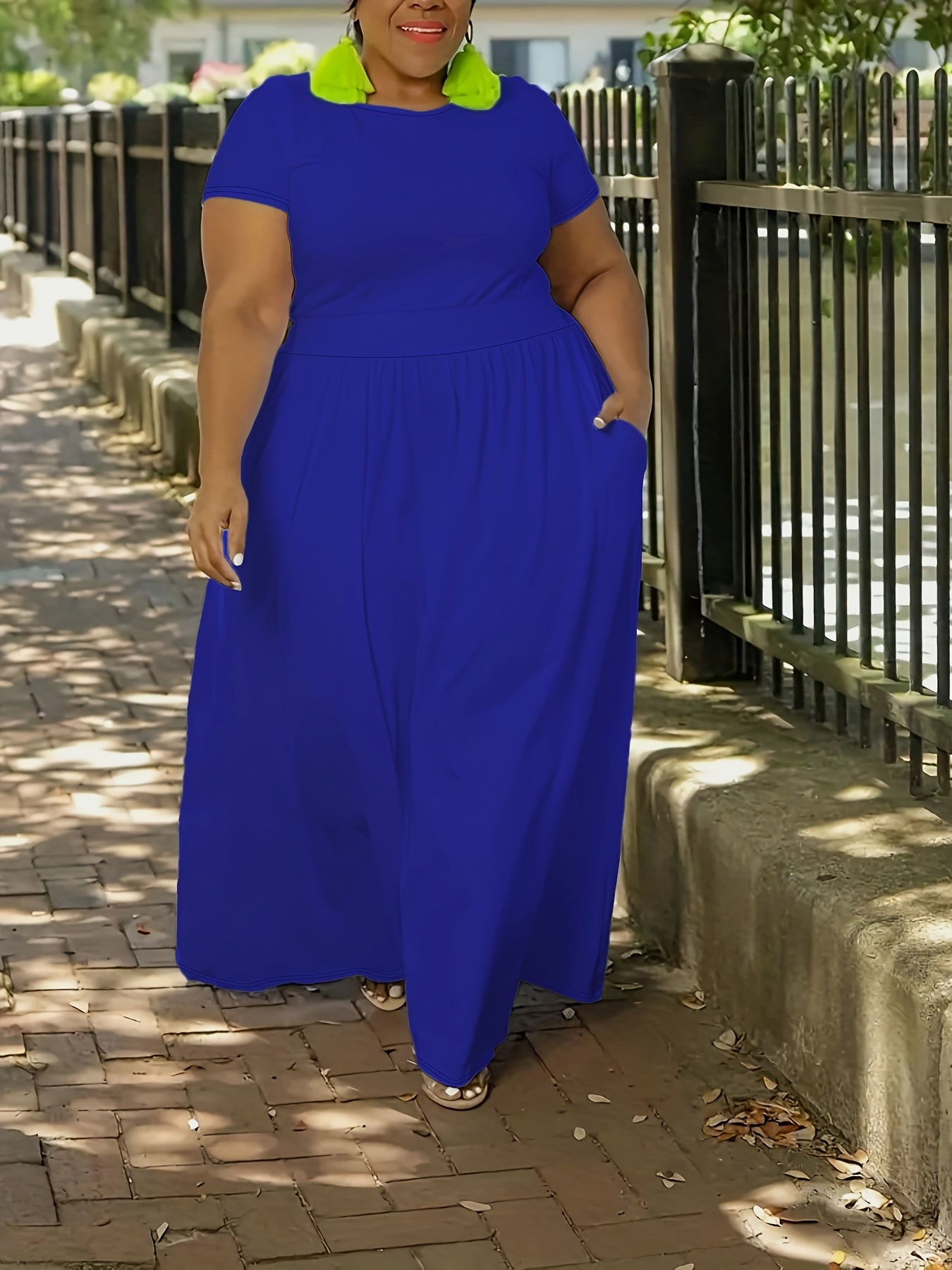 Plus Size Solid Short Sleeve Maxi Dress, Women's Plus Medium Stretch Elegant Long Dress -