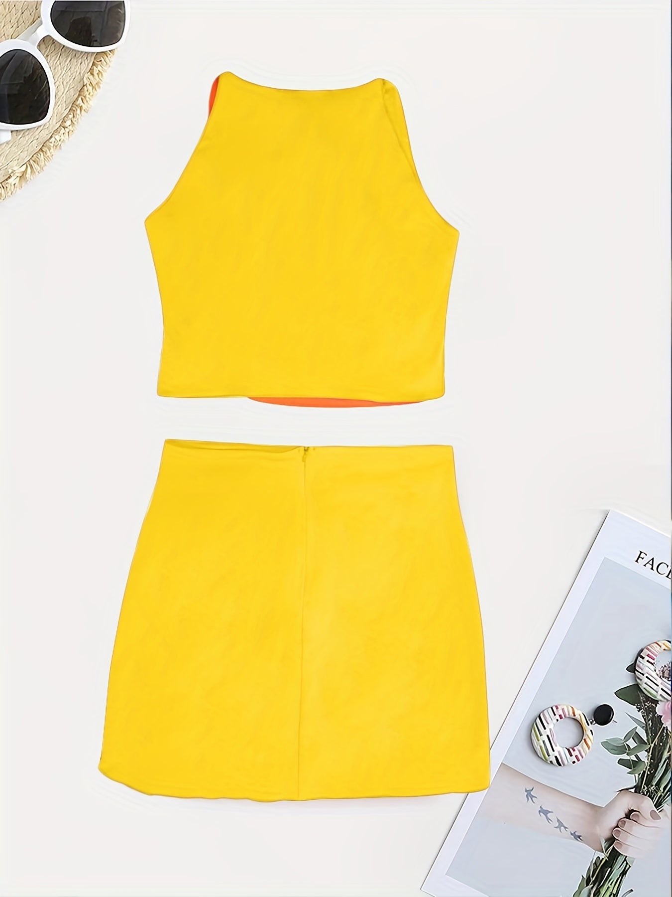 Beaded Color Block 2 Piece Set, Sexy Crop Halter Top & Asymmetrical High Waist Skirt, Women's Clothing -