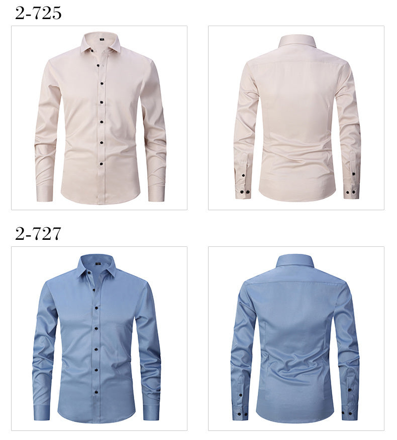 Men'S Slim-Fit Stretch Formal Shirt, Light Business Lapel Long Sleeve Shirt, Men'S Business Shirt Wrinkle-Resistant and Durable Solid Color Formal Long Sleeve Shirt with Buttons and Pockets Suitable for Work, Commuting, Datin -