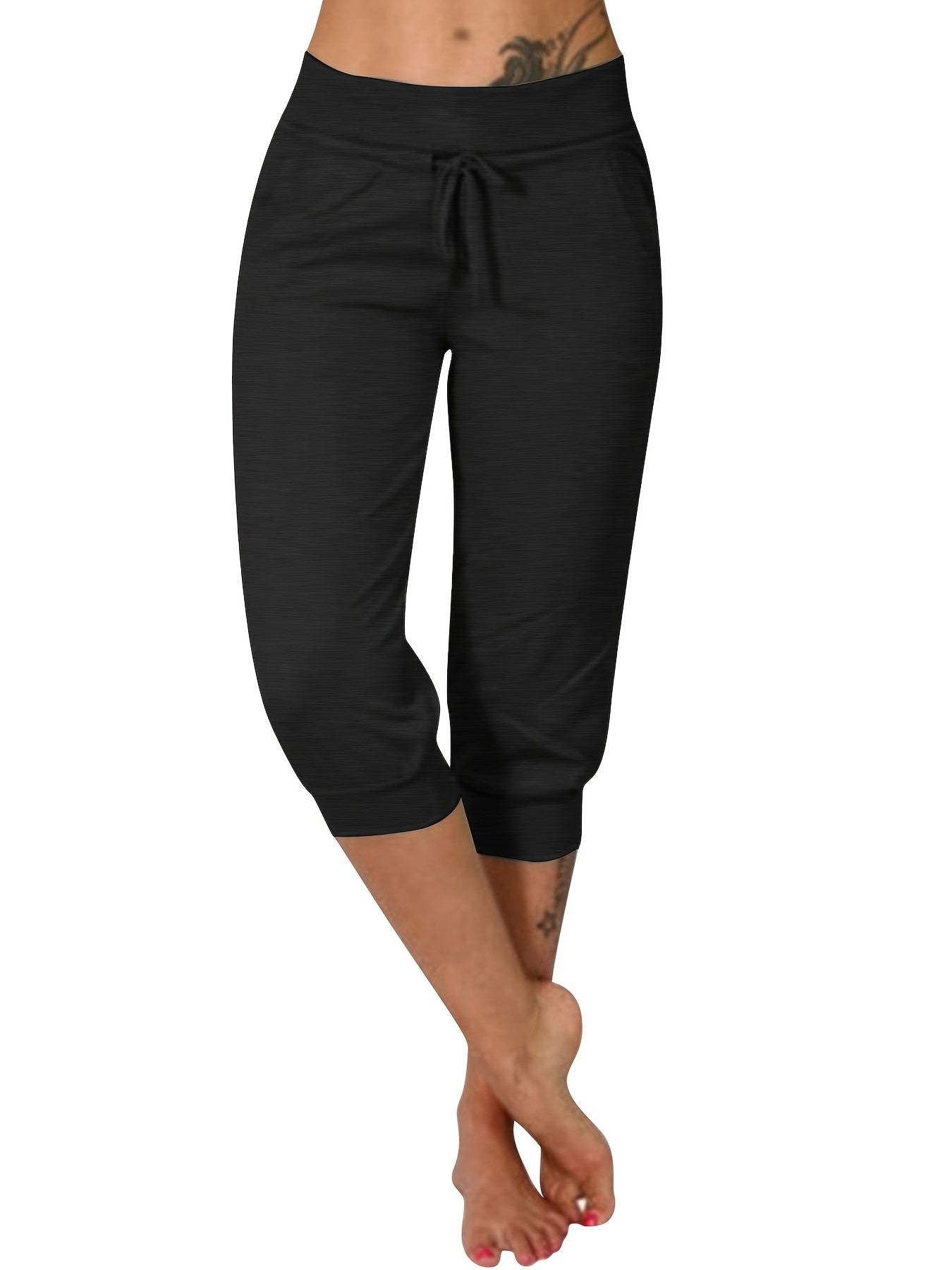 Women'S High-Waist Drawstring Side Pants - Stretchy Polyester Blend, Solid Color Black, Comfortable Casual Style for All Seasons, Everyday Comfort Wear | Highwaist Trousers | Tailored Fit -